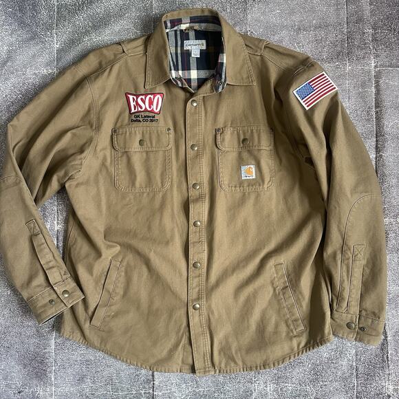 Men's Carhartt Weathered Canvas Brown Button Up Flannel Lined Shirt Jacket Sz L - Picture 1 of 4